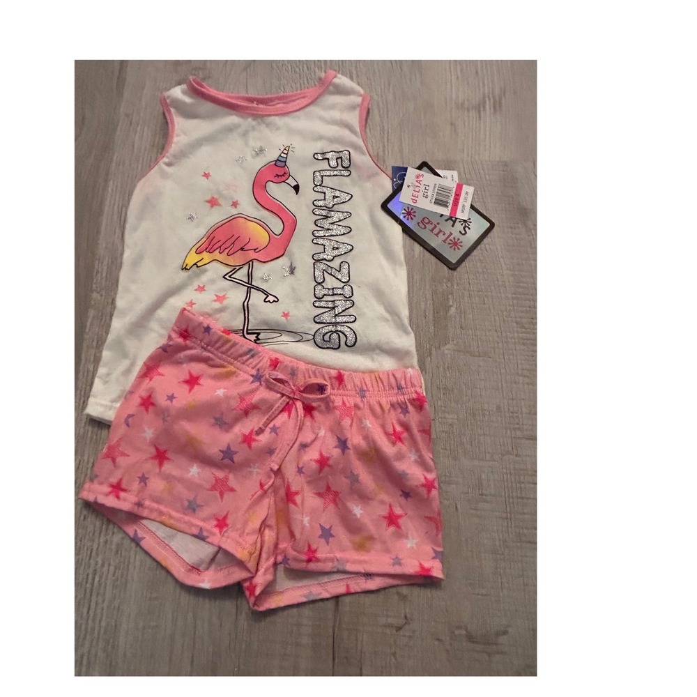 Delias Girl Pajama Set Size 4 Flamingo Unicorn Flamazing Tank Shorts Pink White